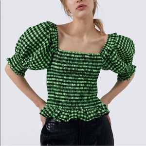 Zara green gingham top with puffy sleeves